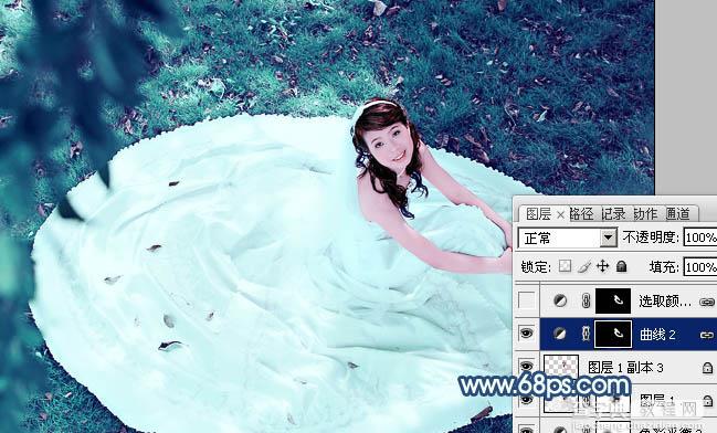 Photoshop将草地婚纱美女调制出流行的青蓝色20