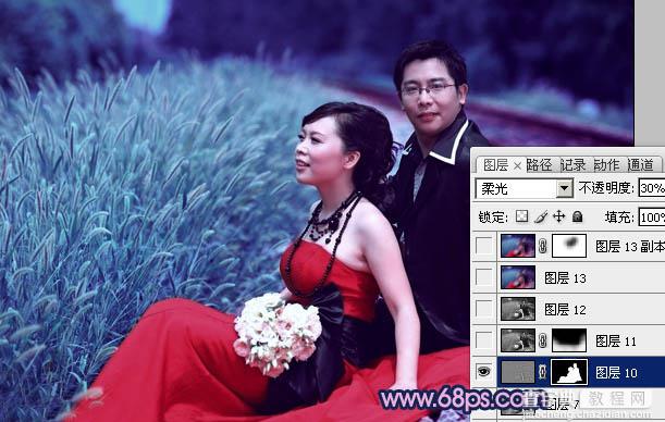 Photoshop将铁轨婚片调制成暗调青蓝色效果24