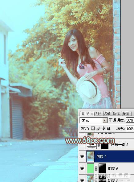 Photoshop为路边美女图片调制出淡淡的青褐色29