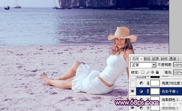 Photoshop为海滩上的美女图片增加上淡紫霞光色25