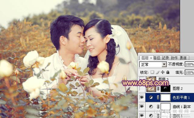 Photoshop为玫瑰园中的情侣图片增加经典橙褐色21