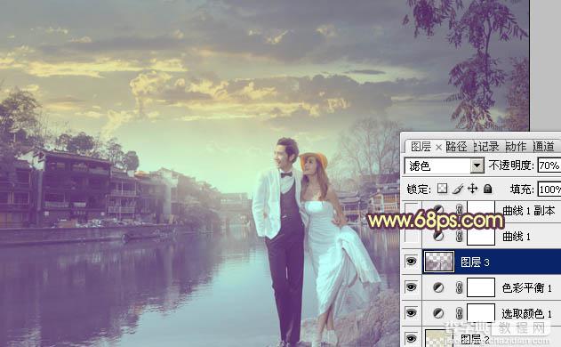Photoshop将古镇婚片调制出漂亮的霞光色效果18
