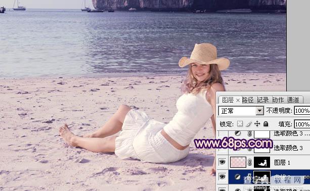 Photoshop为海滩上的美女图片增加上淡紫霞光色15