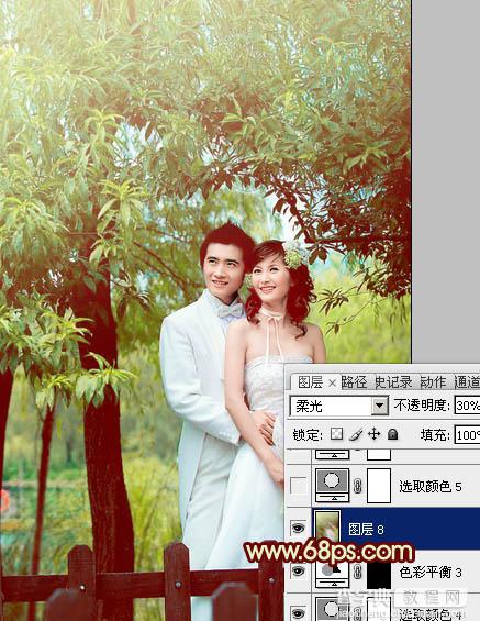 Photoshop将树林婚片打造出甜美的青黄色效果22