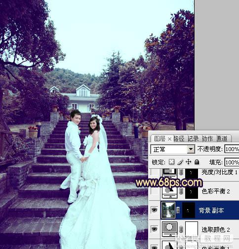 Photoshop为公园婚片加上柔美的暗调蓝紫色效果16