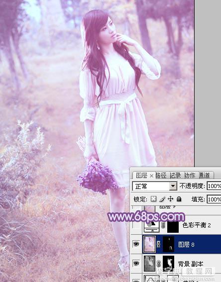 Photoshop将草地美女图片增加上梦幻的粉调蓝紫色效果37