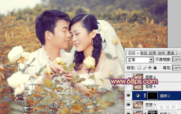 Photoshop为玫瑰园中的情侣图片增加经典橙褐色23