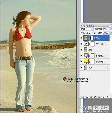 Photoshop将海景人物图片调成古典暗黄色8