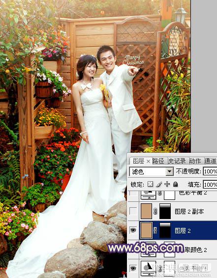 Photoshop将园林婚片调成甜美的暖红色15