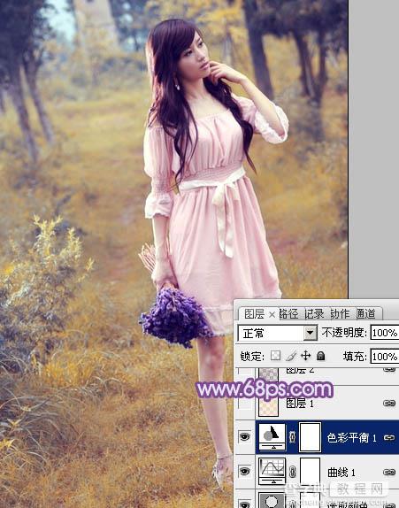 Photoshop将草地美女图片增加上梦幻的粉调蓝紫色效果13