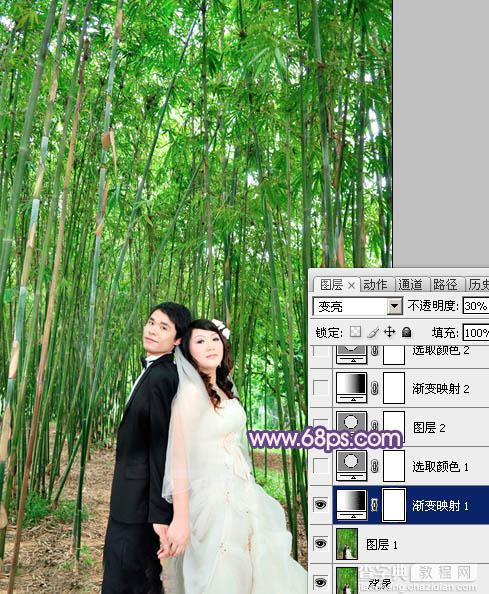 Photoshop将竹林人物图片调成柔和的蓝紫色4