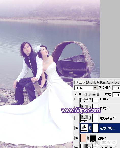 Photoshop将江景婚片调成纯美的蓝紫色14