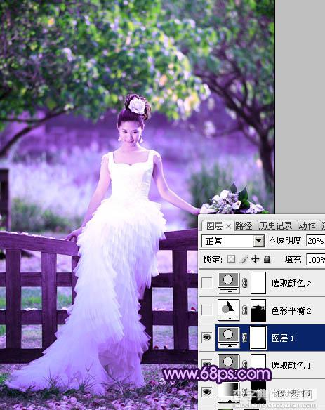 Photoshop中将树林美女婚片调成唯美的绿紫色13