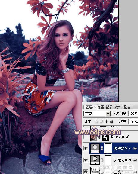 photoshop利用通道替换为树林美女图片加上古典红蓝色22