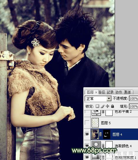 Photoshop给外景情侣图片调制出古典青黄色效果27