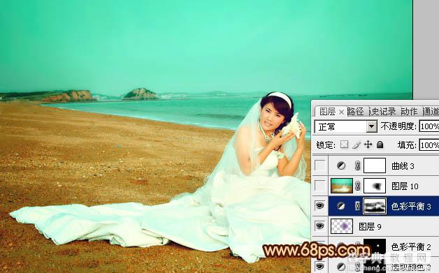 Photoshop将沙滩美女婚片调制出柔美的青黄色效果26