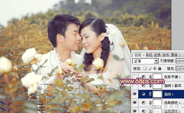 Photoshop为玫瑰园中的情侣图片增加经典橙褐色17
