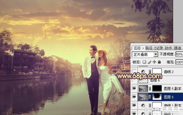 Photoshop将古镇婚片调制出漂亮的霞光色效果25