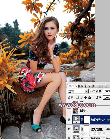 photoshop利用通道替换为树林美女图片加上古典红蓝色8