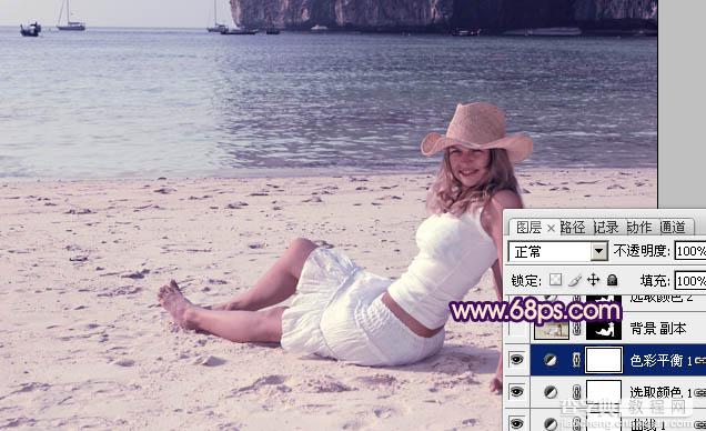 Photoshop为海滩上的美女图片增加上淡紫霞光色13