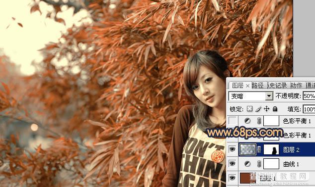 Photoshop将竹林美女图片调制出甜美的橙红色效果6