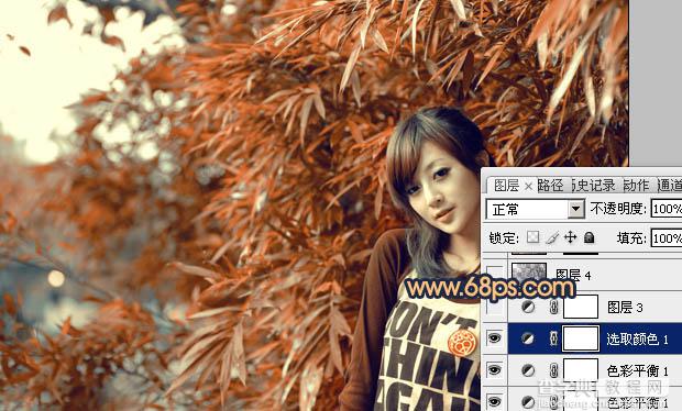 Photoshop将竹林美女图片调制出甜美的橙红色效果19