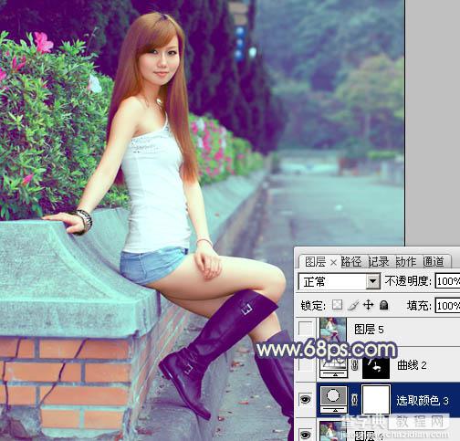 Photoshop将外景美女图片调制出流行的甜美蓝绿色31