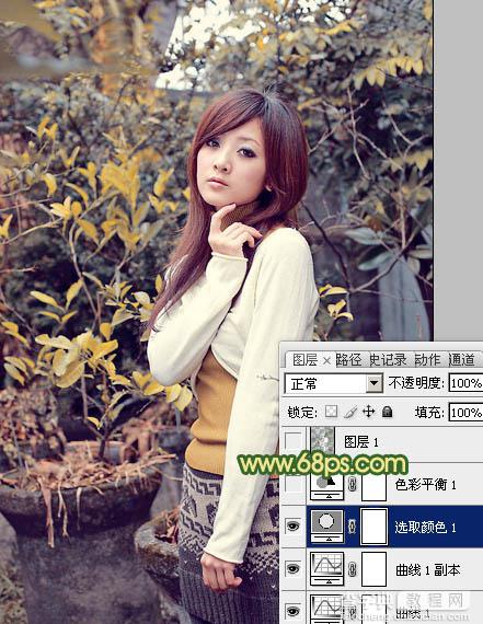 Photoshop将树木边的美女图片调制出纯美的秋季黄绿色效果13