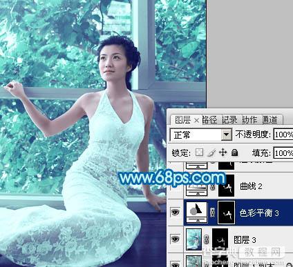 Photoshop为窗户边上的美女图片调制出梦幻的青绿色21