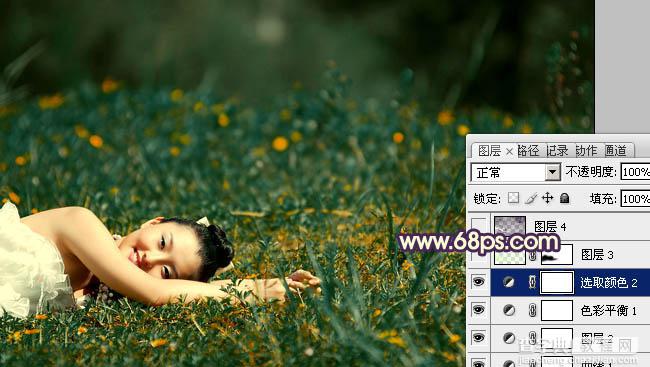 Photoshop 为草地人物图片增加淡雅的蓝褐色效果17