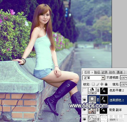 Photoshop将外景美女图片调制出流行的甜美蓝绿色21