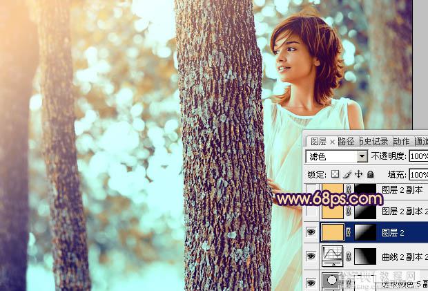 Photoshop为树林人物图片调制出灿烂的青黄阳光色效果23