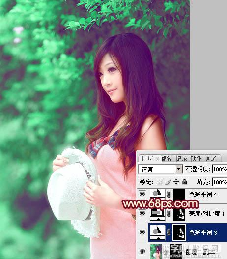 Photoshop将树林美女图片调成甜美的青绿色32