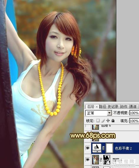 Photoshop将公园美女图片调制出甜美的青红色效果17