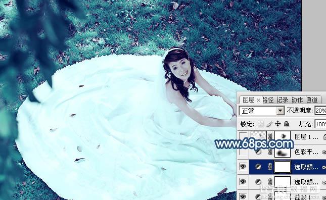 Photoshop将草地婚纱美女调制出流行的青蓝色14