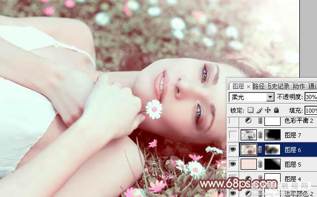 Photoshop将草地美女图片调制出流行的欧美粉褐色效果22