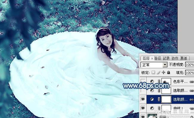 Photoshop将草地婚纱美女调制出流行的青蓝色13