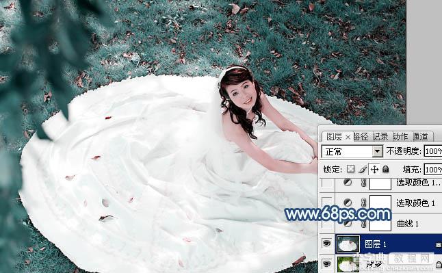 Photoshop将草地婚纱美女调制出流行的青蓝色3