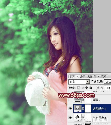 Photoshop将树林美女图片调成甜美的青绿色26