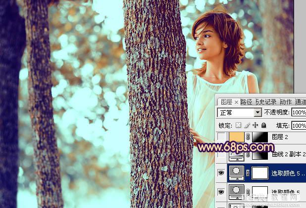 Photoshop为树林人物图片调制出灿烂的青黄阳光色效果22