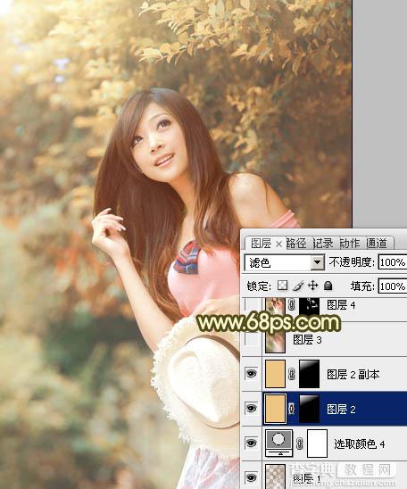 Photoshop为绿树边的美女调制出柔美的黄褐色效果33