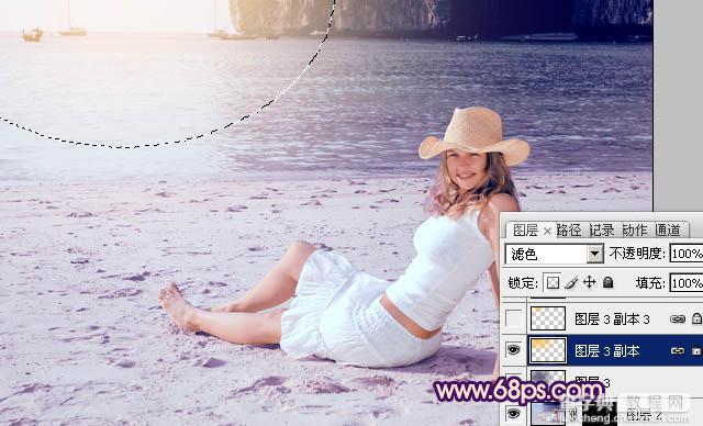 Photoshop为海滩上的美女图片增加上淡紫霞光色29