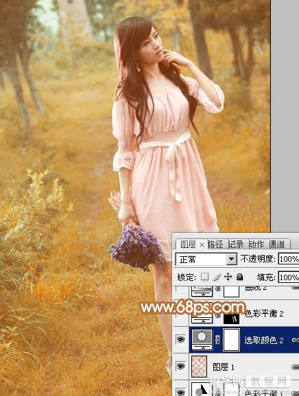 Photoshop为树林美女图片调制出柔和的淡黄早秋色18