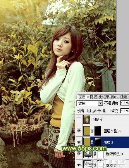 Photoshop将树木边的美女图片调制出纯美的秋季黄绿色效果29