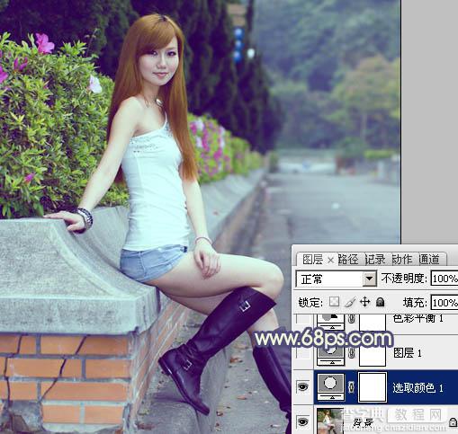 Photoshop将外景美女图片调制出流行的甜美蓝绿色7