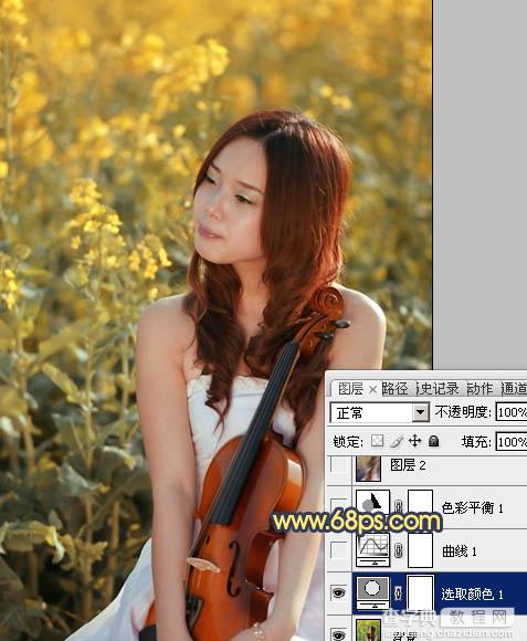 Photoshop将菜田美女图片调成柔美的古典暖色调7