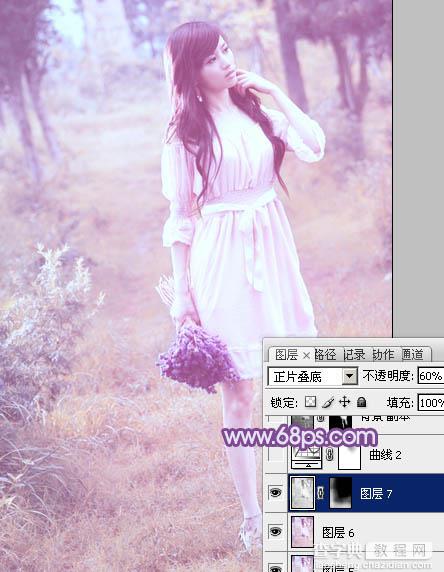 Photoshop将草地美女图片增加上梦幻的粉调蓝紫色效果33