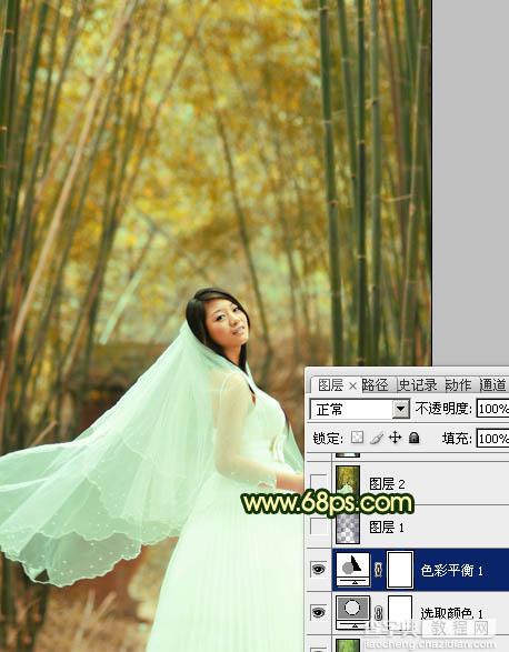 Photoshop将竹林婚片调制出漂亮的古典黄绿色效果10