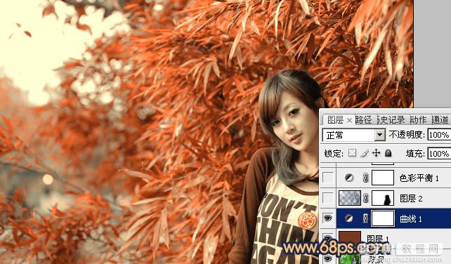 Photoshop将竹林美女图片调制出甜美的橙红色效果5