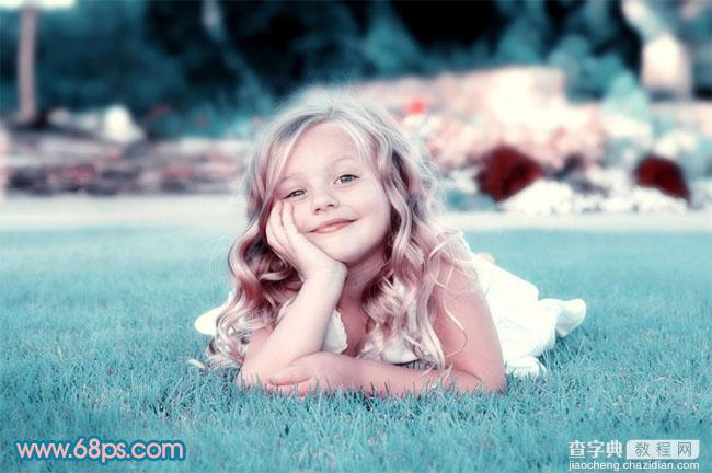 Photoshop将绿地上的儿童照片调成柔美的中性青红色2